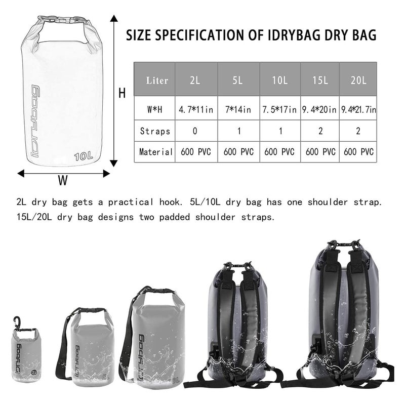 IDRYBAG Dry Bag for Kayaking Waterproof 2L/5L/10L/15L/20L, Small Dry Sack Waterproof Bag for Boating - Image 3